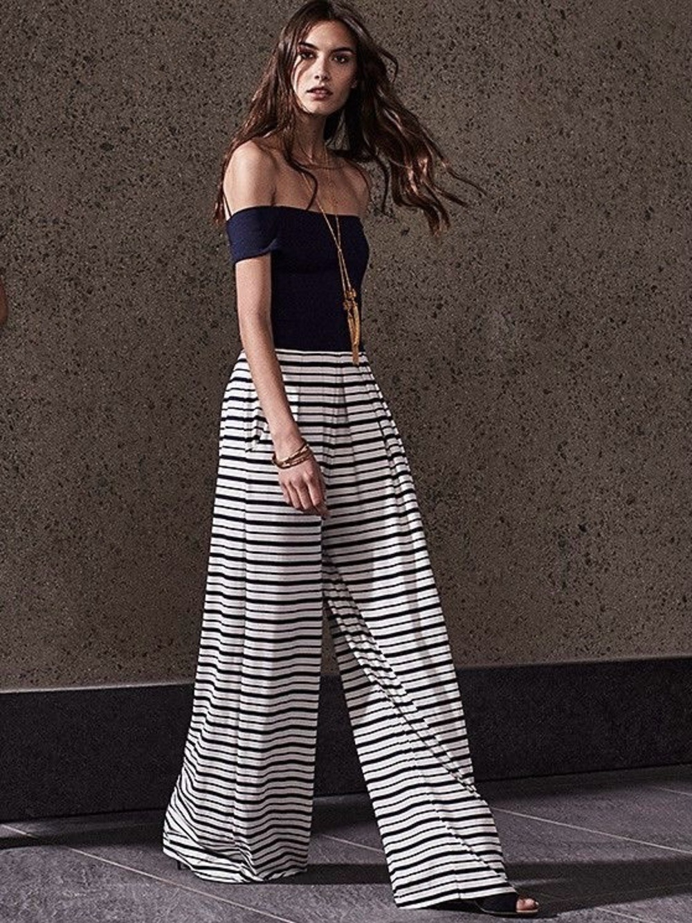 Nadia Tarr Striped Off The Shoulder Jumpsuit